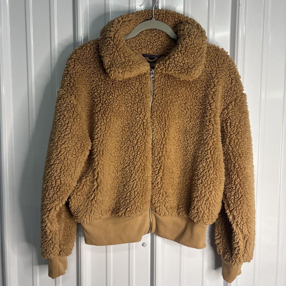Victoria's Secret Plush Fleece Teddy Jacket Crop Toffee Embroidered Logo Medium